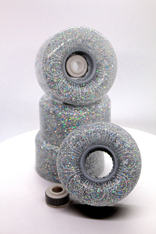 Light up roller skate wheels. Glitter roller skate wheels. Silver roller skate wheels. 